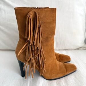 Predictions Tan Suede Fringe Heeled Boots